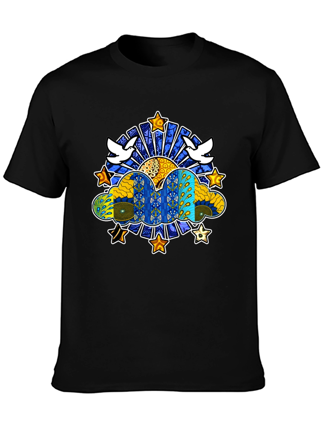 Artistic Dove & Star Graphic Black T-Shirt