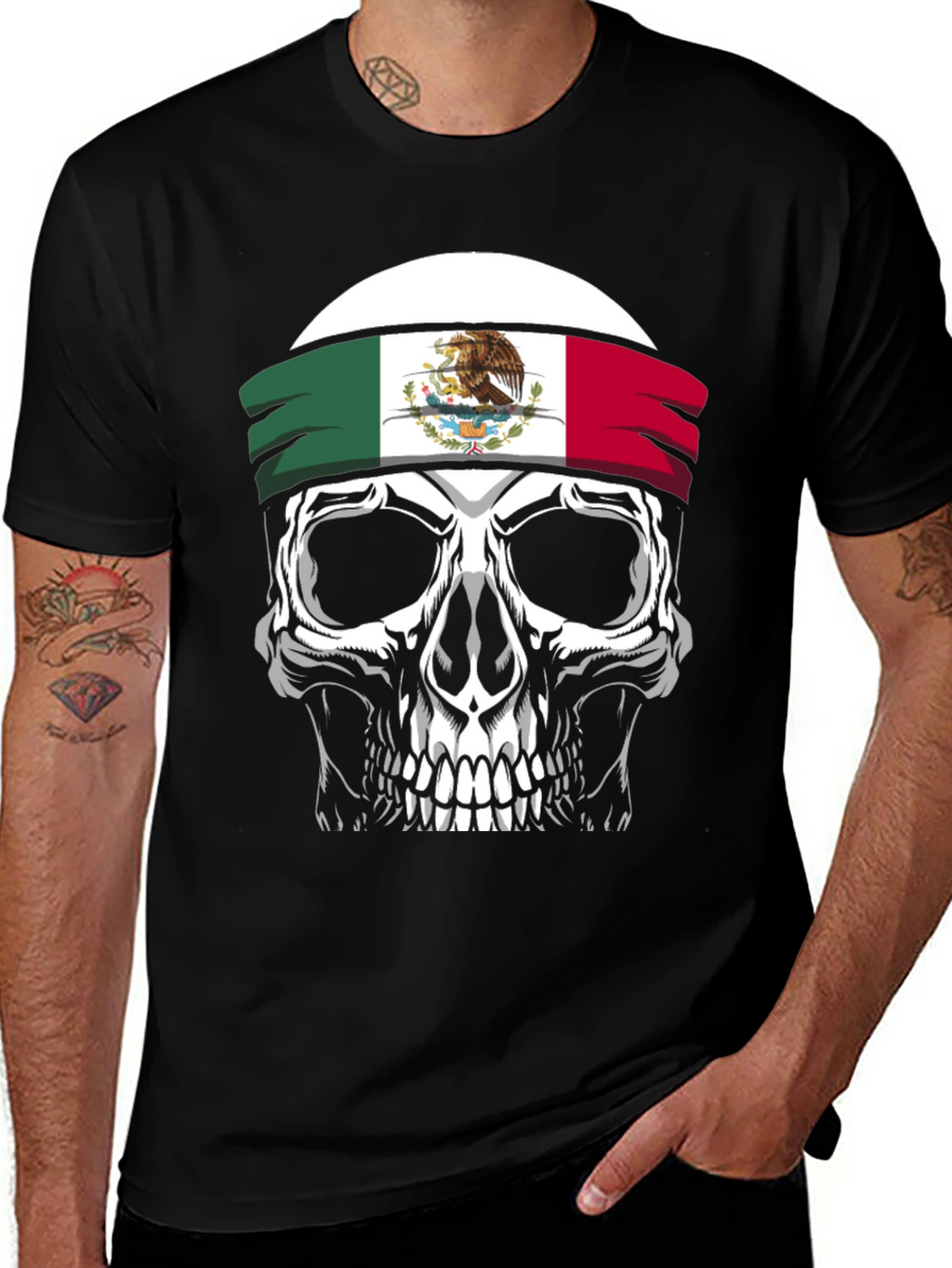 Mexican Flag Skull Graphic T-Shirt - Black