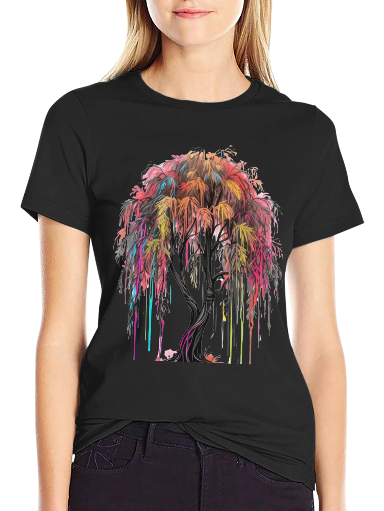 Colorful Tree Graphic Tee - Trendy Mens Black T-Shirt