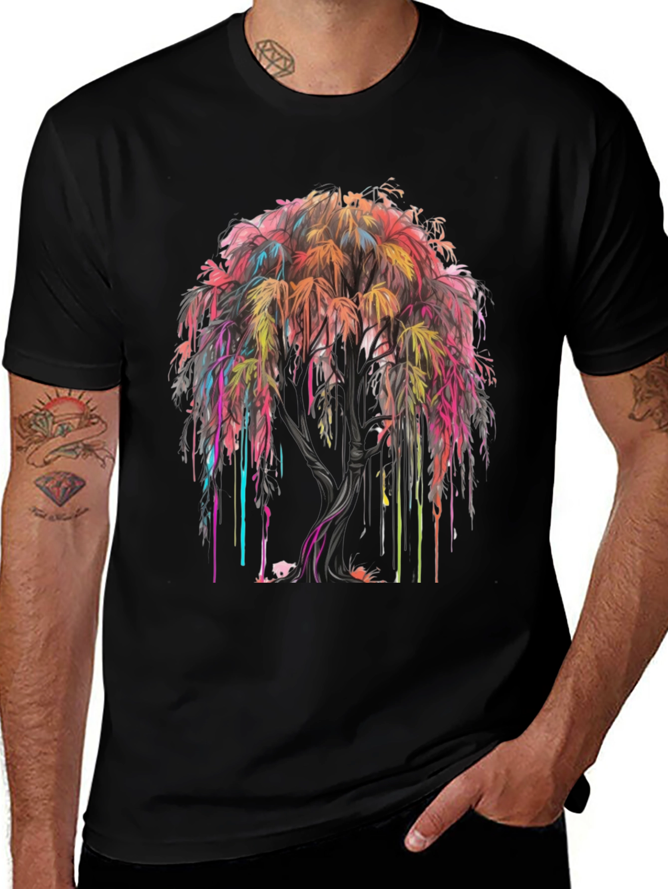 Colorful Tree Graphic Tee - Trendy Mens Black T-Shirt