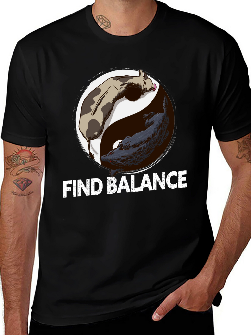 Find Balance Yin Yang Cow Wolf Graphic T-Shirt