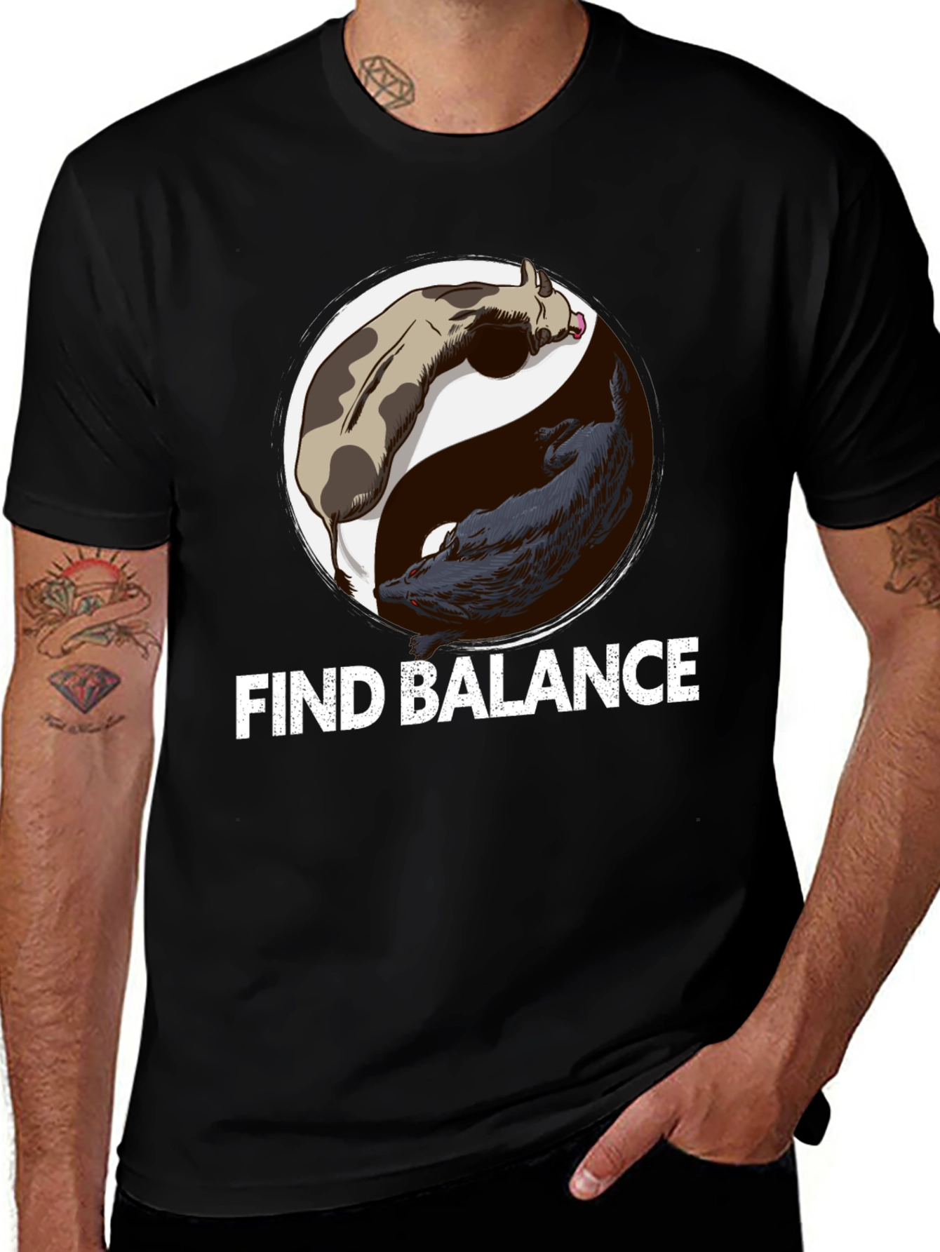 Find Balance Yin Yang Cow Wolf Graphic T-Shirt