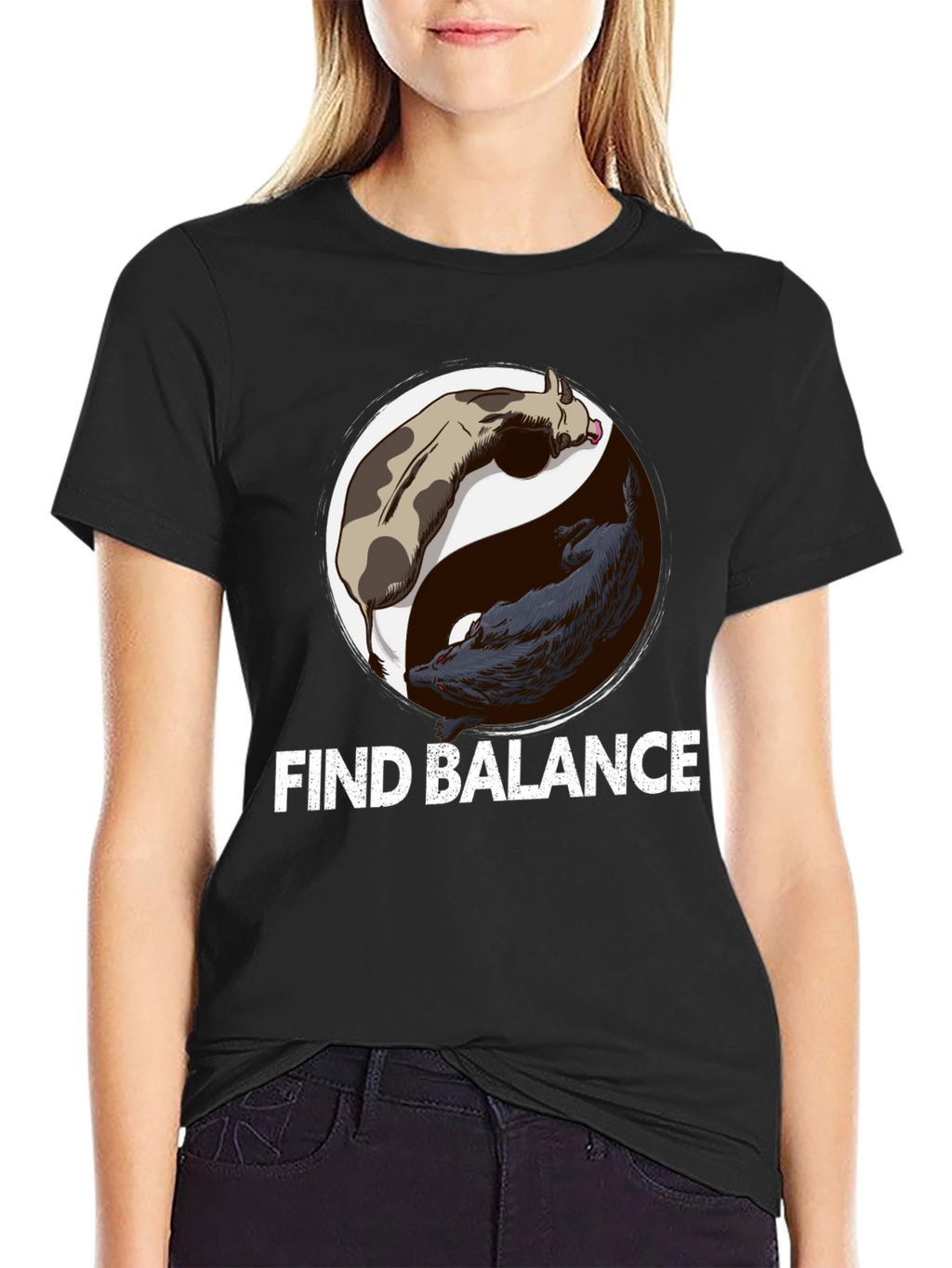 Find Balance Yin Yang Cow Wolf Graphic T-Shirt