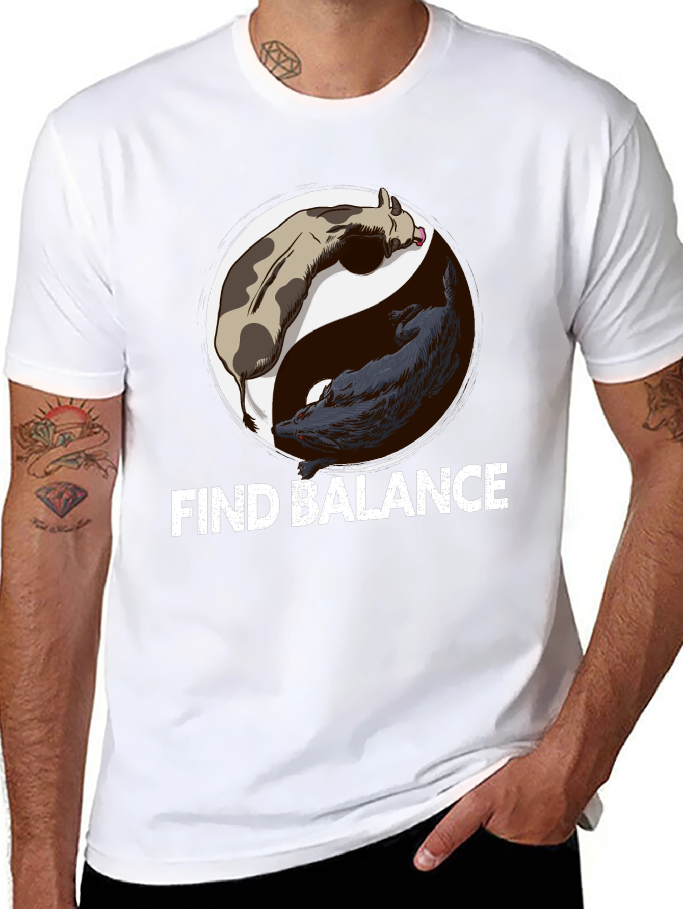 Find Balance Yin Yang Cow Wolf Graphic T-Shirt