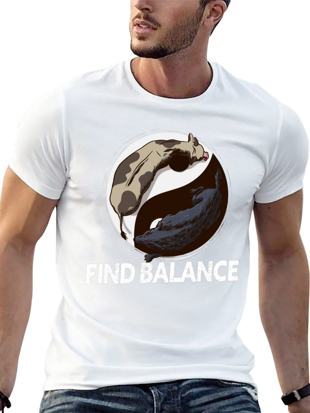 Find Balance Yin Yang Cow Wolf Graphic T-Shirt