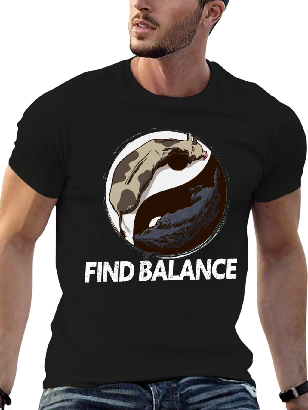 Find Balance Yin Yang Cow Wolf Graphic T-Shirt