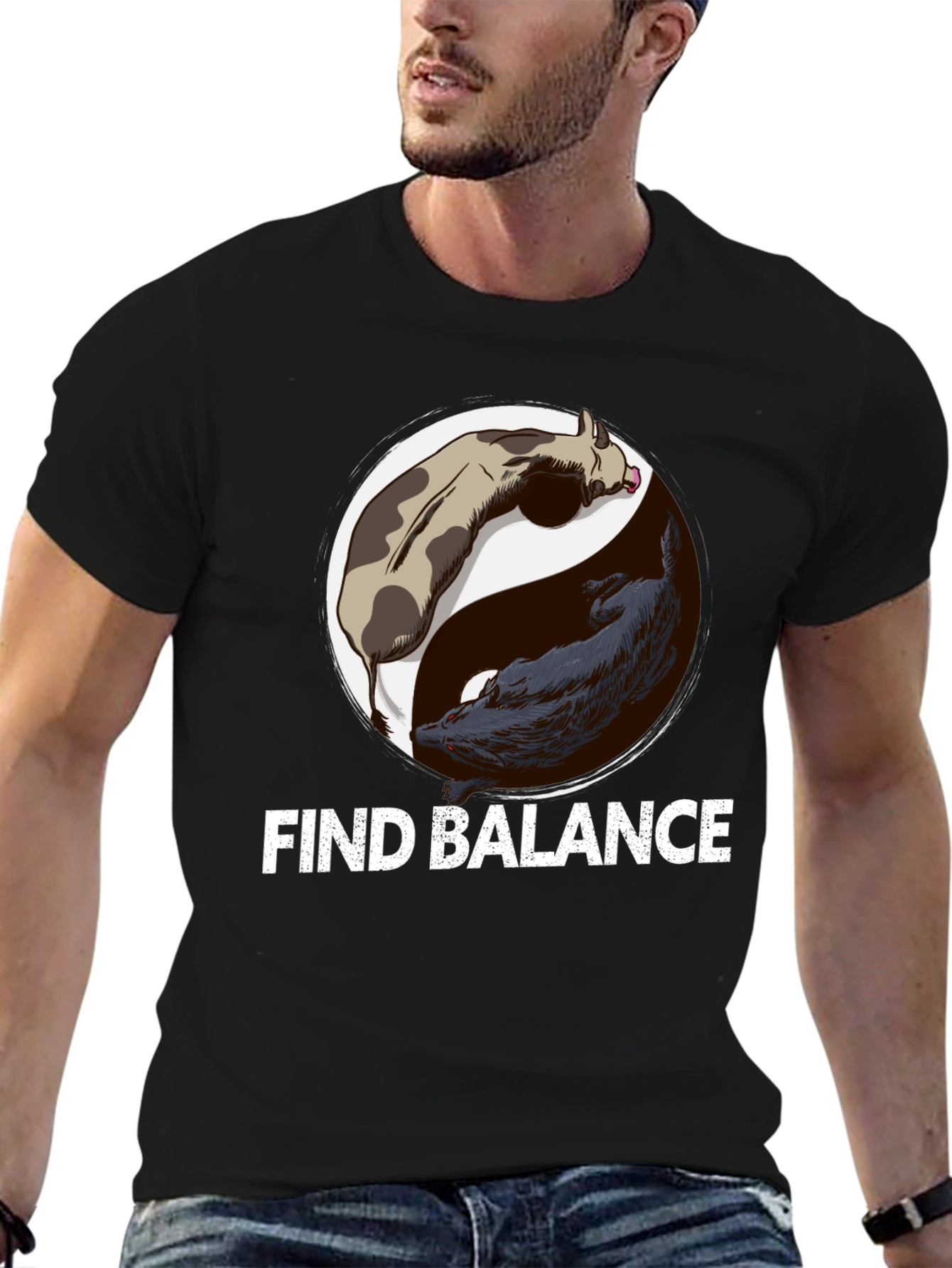 Find Balance Yin Yang Cow Wolf Graphic T-Shirt