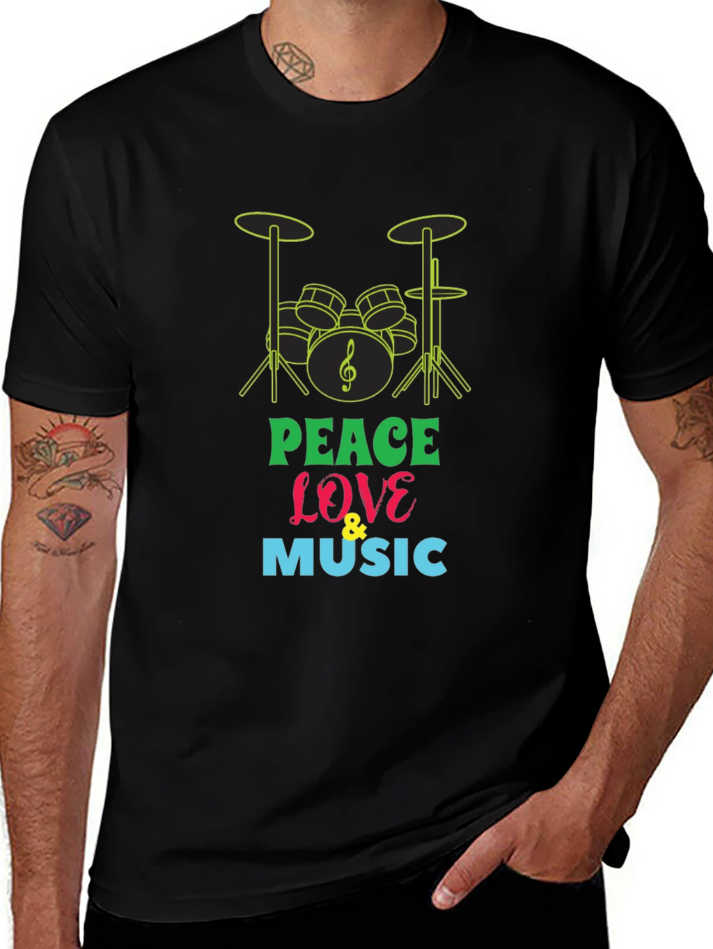 Peace Love & Music Drum Kit Graphic T-Shirt