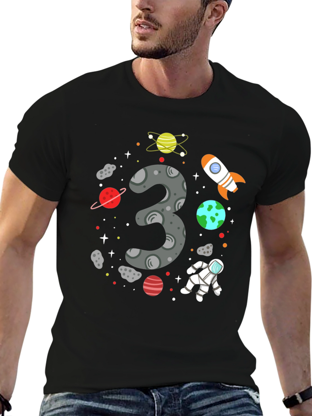 Space Themed 3rd Birthday Black T-shirt