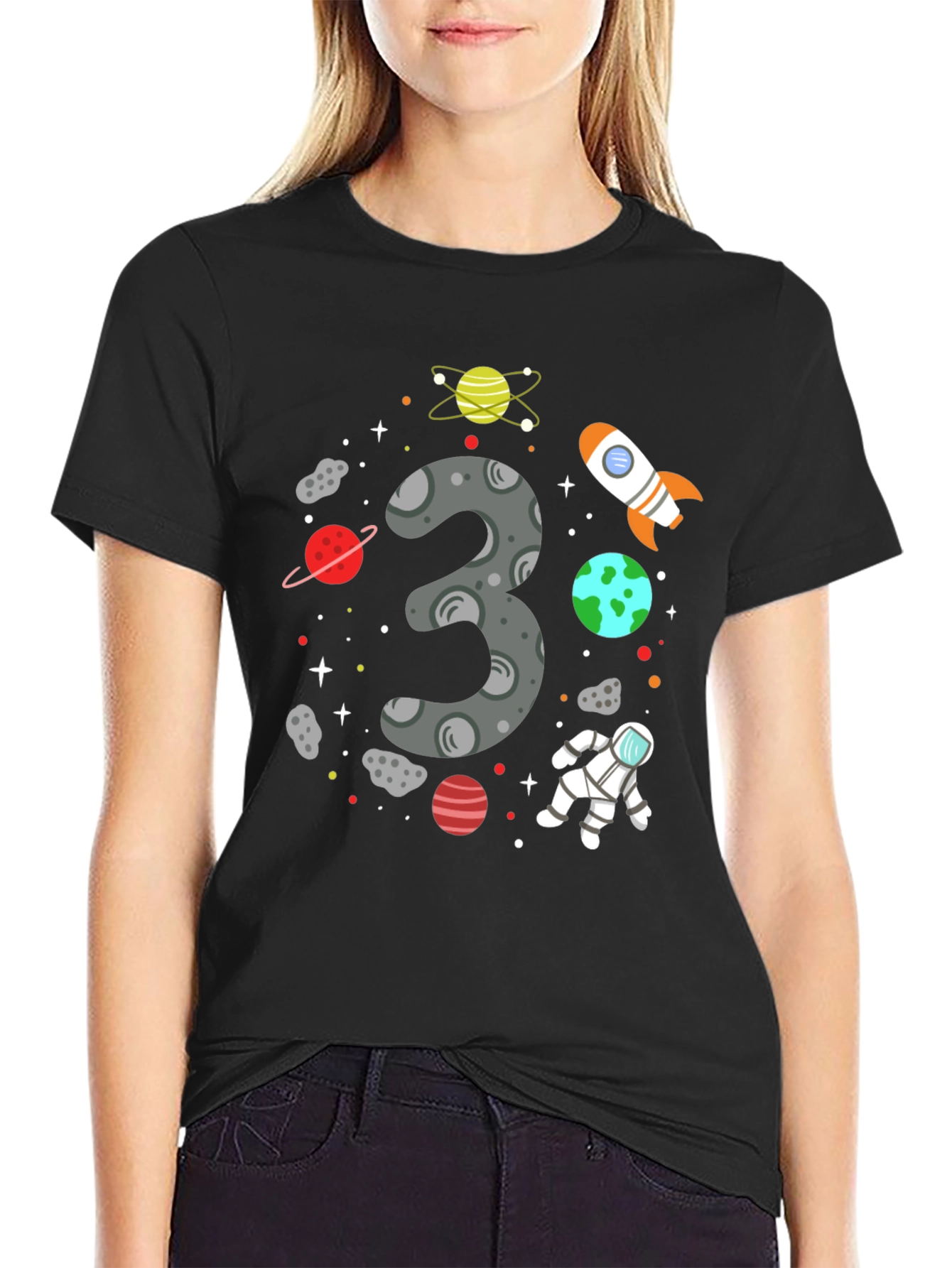 Space Themed 3rd Birthday Black T-shirt