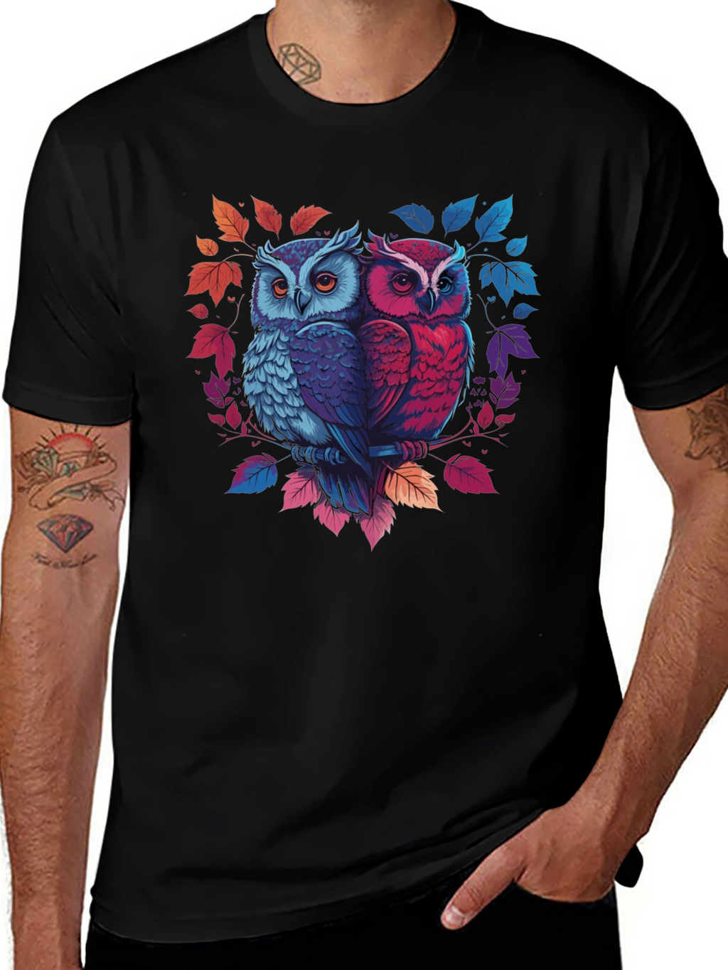 Owl Couple Graphic Tee - Black Cotton Blend