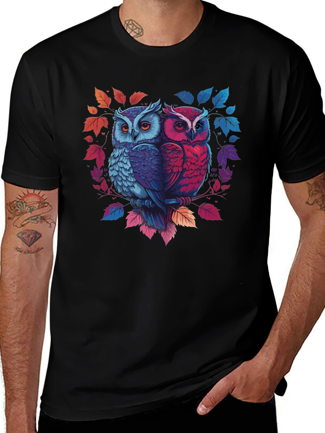 Owl Couple Graphic Tee - Black Cotton Blend