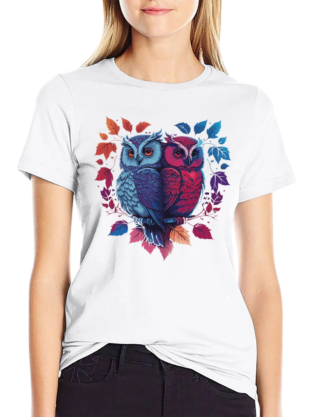 Owl Couple Graphic Tee - Black Cotton Blend