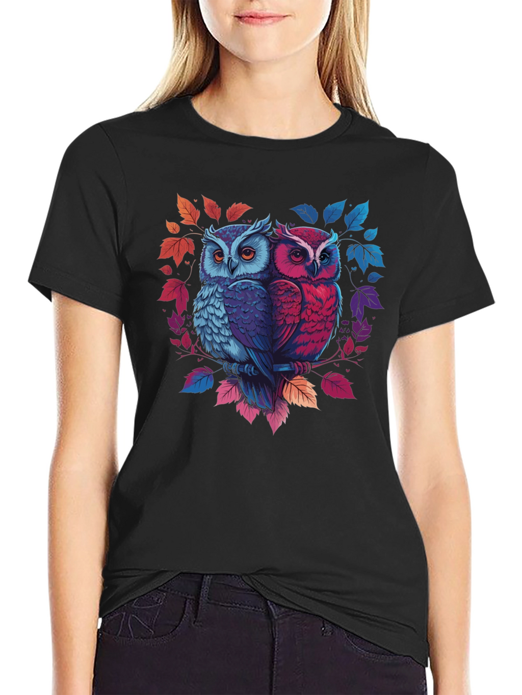 Owl Couple Graphic Tee - Black Cotton Blend