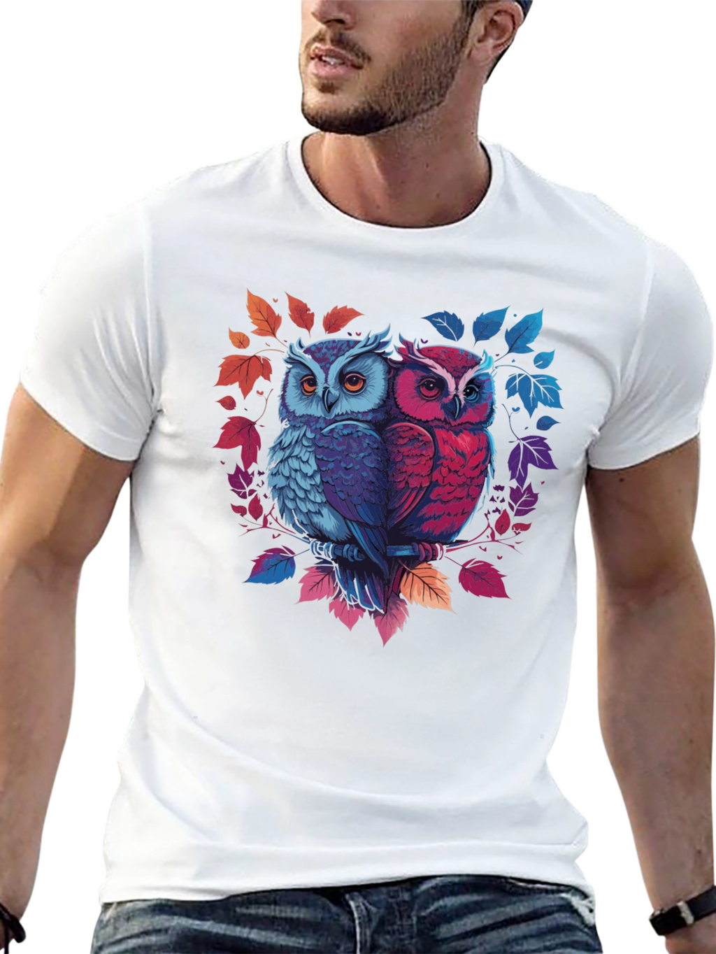 Owl Couple Graphic Tee - Black Cotton Blend