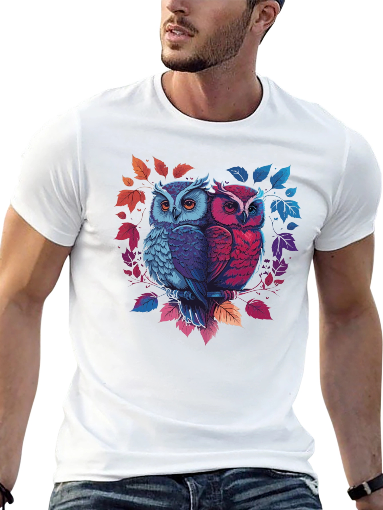 Owl Couple Graphic Tee - Black Cotton Blend