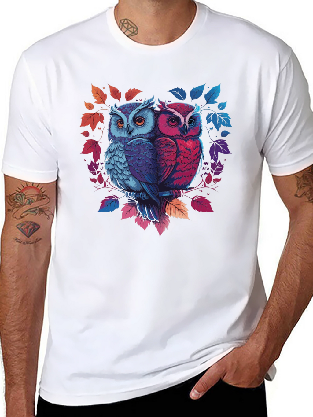 Owl Couple Graphic Tee - Black Cotton Blend