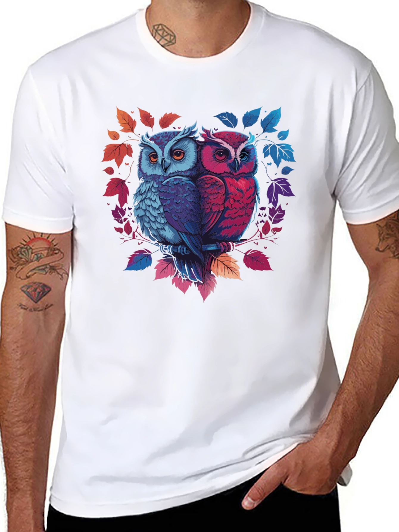 Owl Couple Graphic Tee - Black Cotton Blend