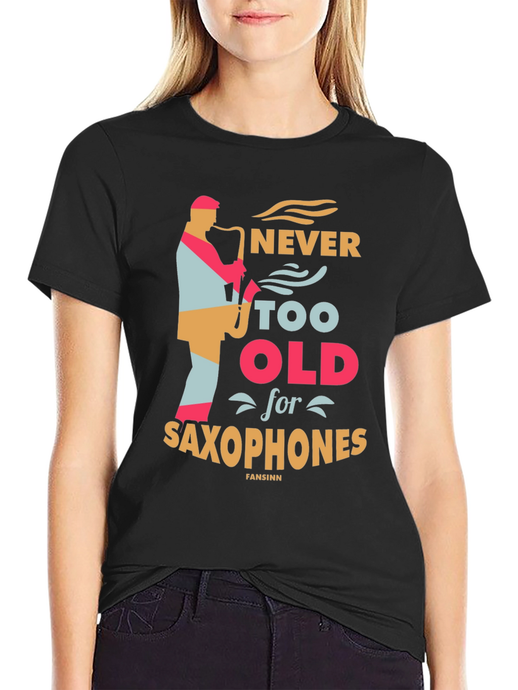 Never Too Old for Saxophones Black Graphic Tee