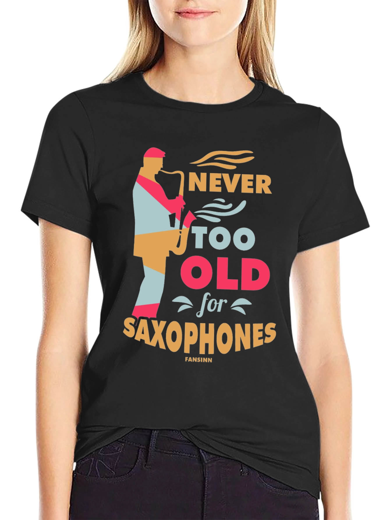Never Too Old for Saxophones Black Graphic Tee