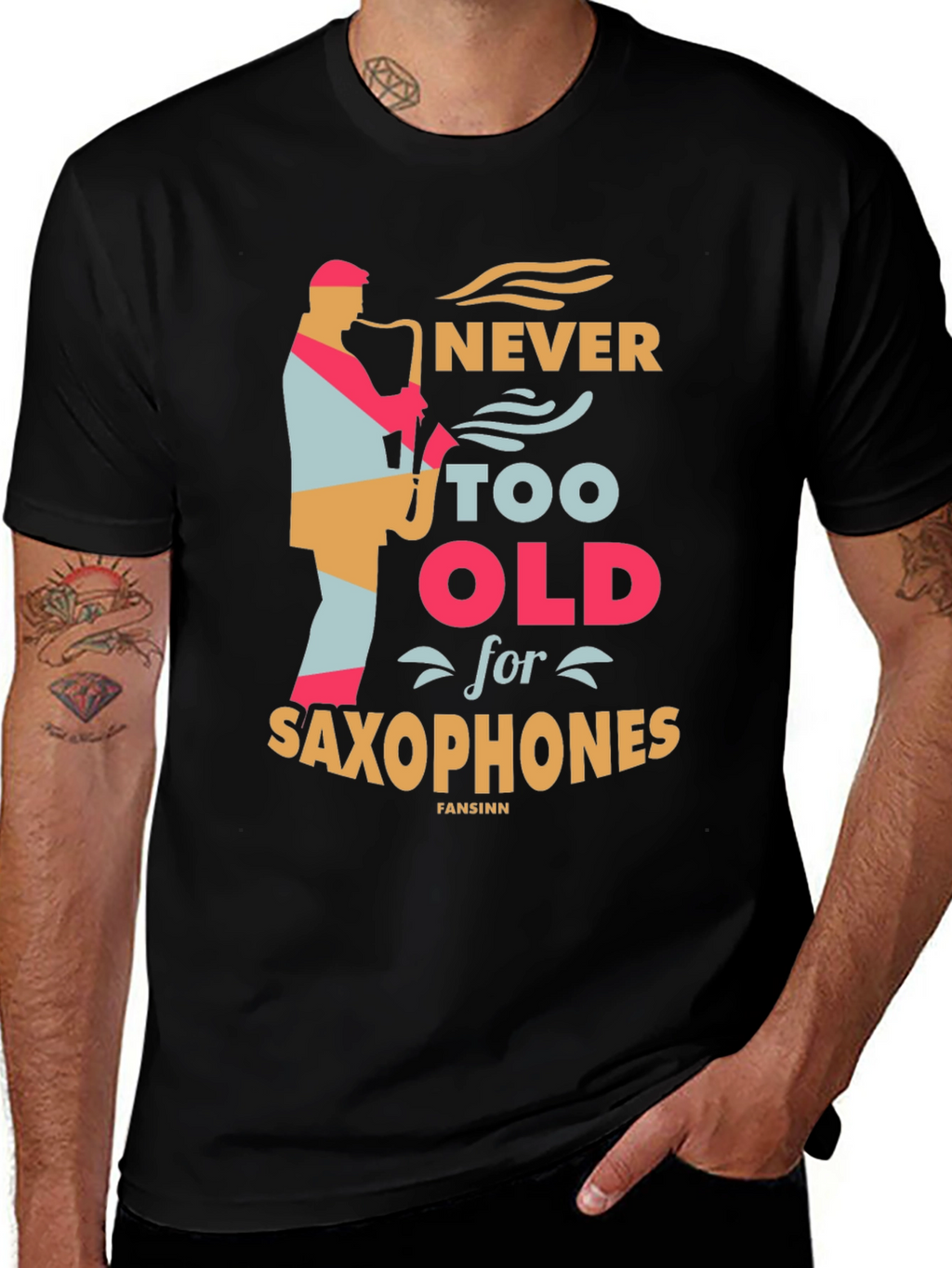 Never Too Old for Saxophones Black Graphic Tee
