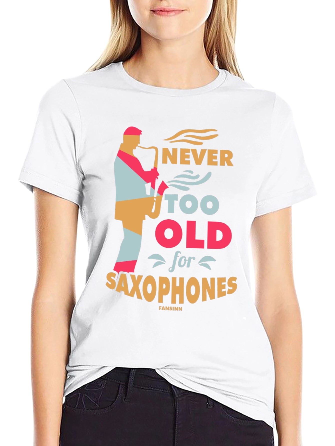 Never Too Old for Saxophones Black Graphic Tee