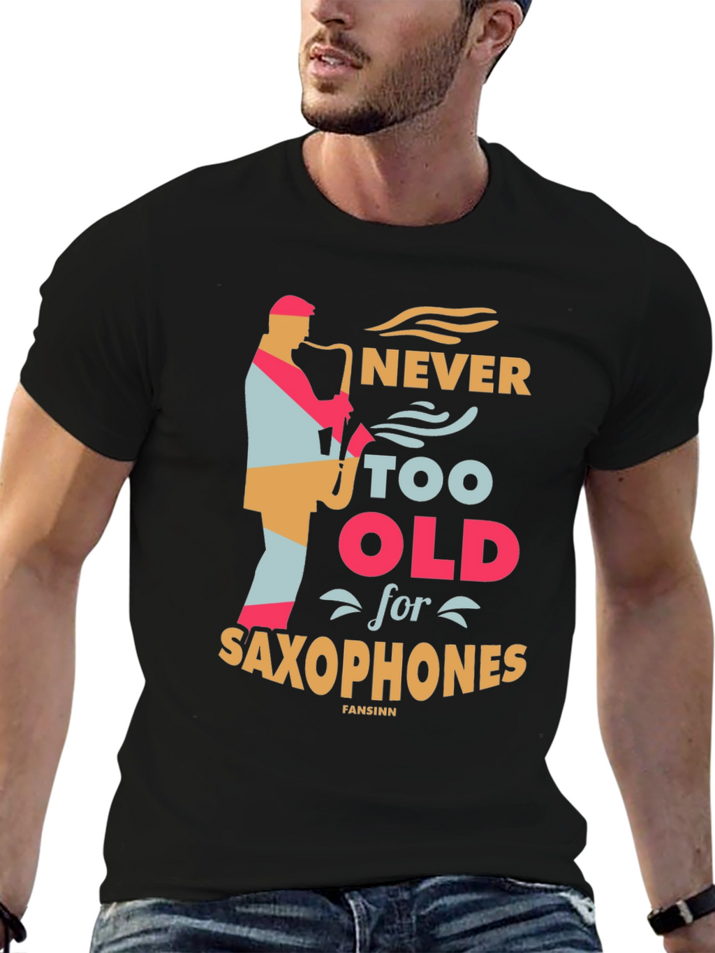 Never Too Old for Saxophones Black Graphic Tee