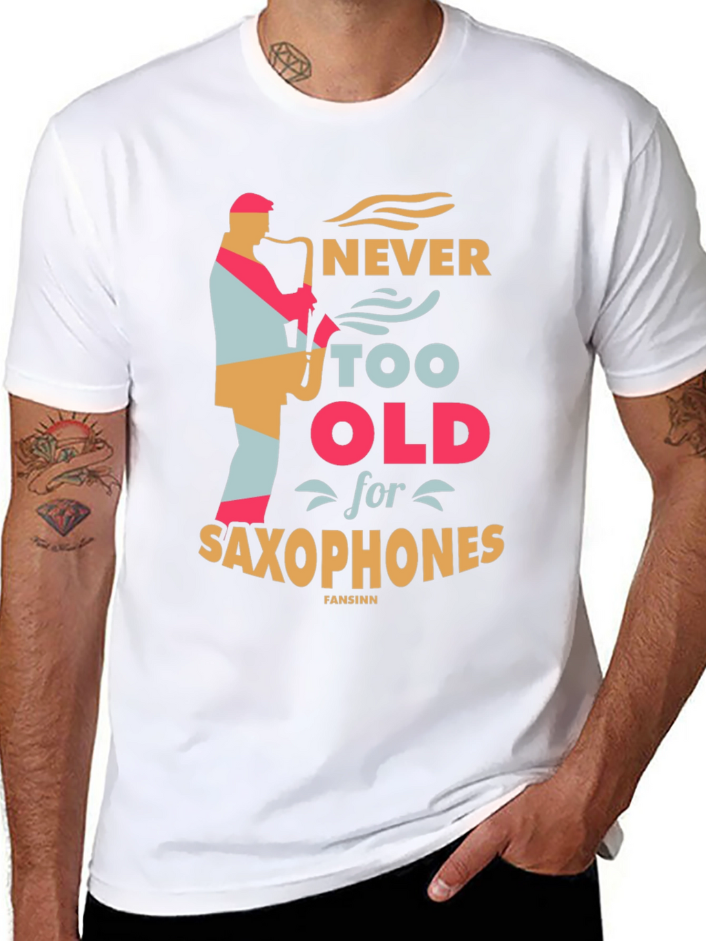 Never Too Old for Saxophones Black Graphic Tee