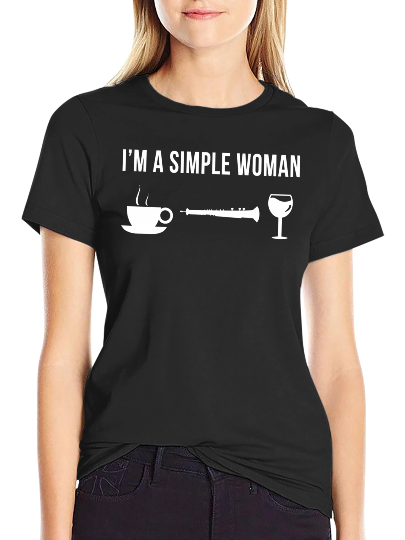 Simple Woman Clarinet Coffee Wine Black T-Shirt
