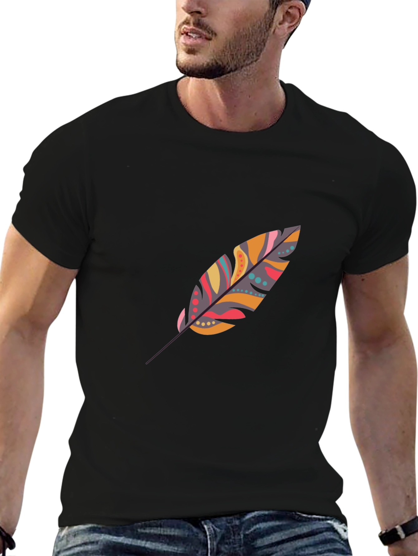 Feather Print Black Casual T-Shirt