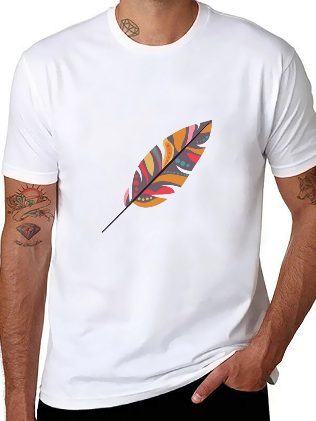 Feather Print Black Casual T-Shirt