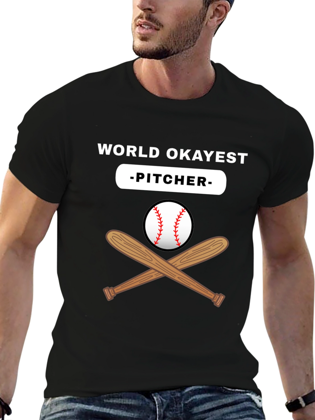World Okayest Pitcher Black T-Shirt