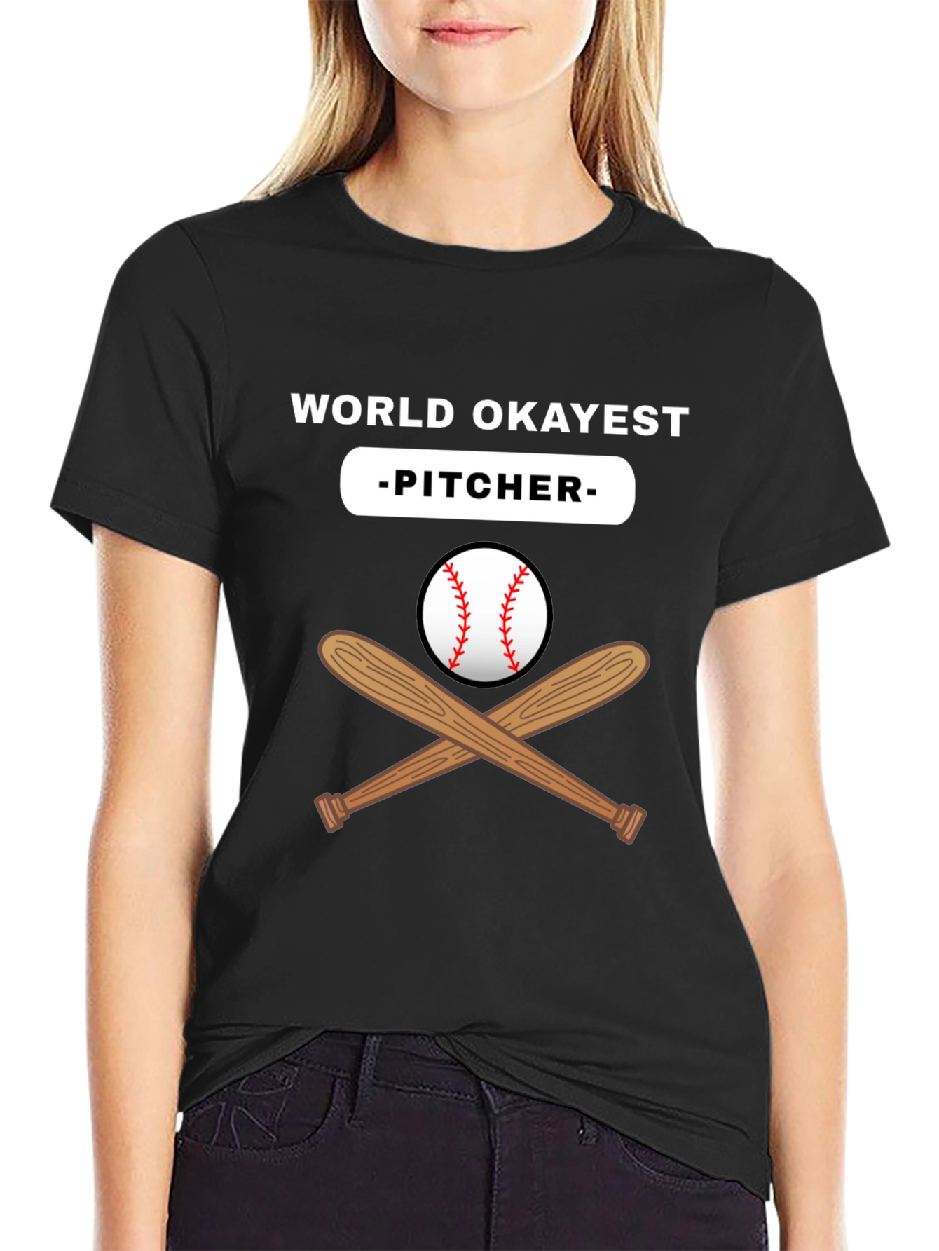 World Okayest Pitcher Black T-Shirt