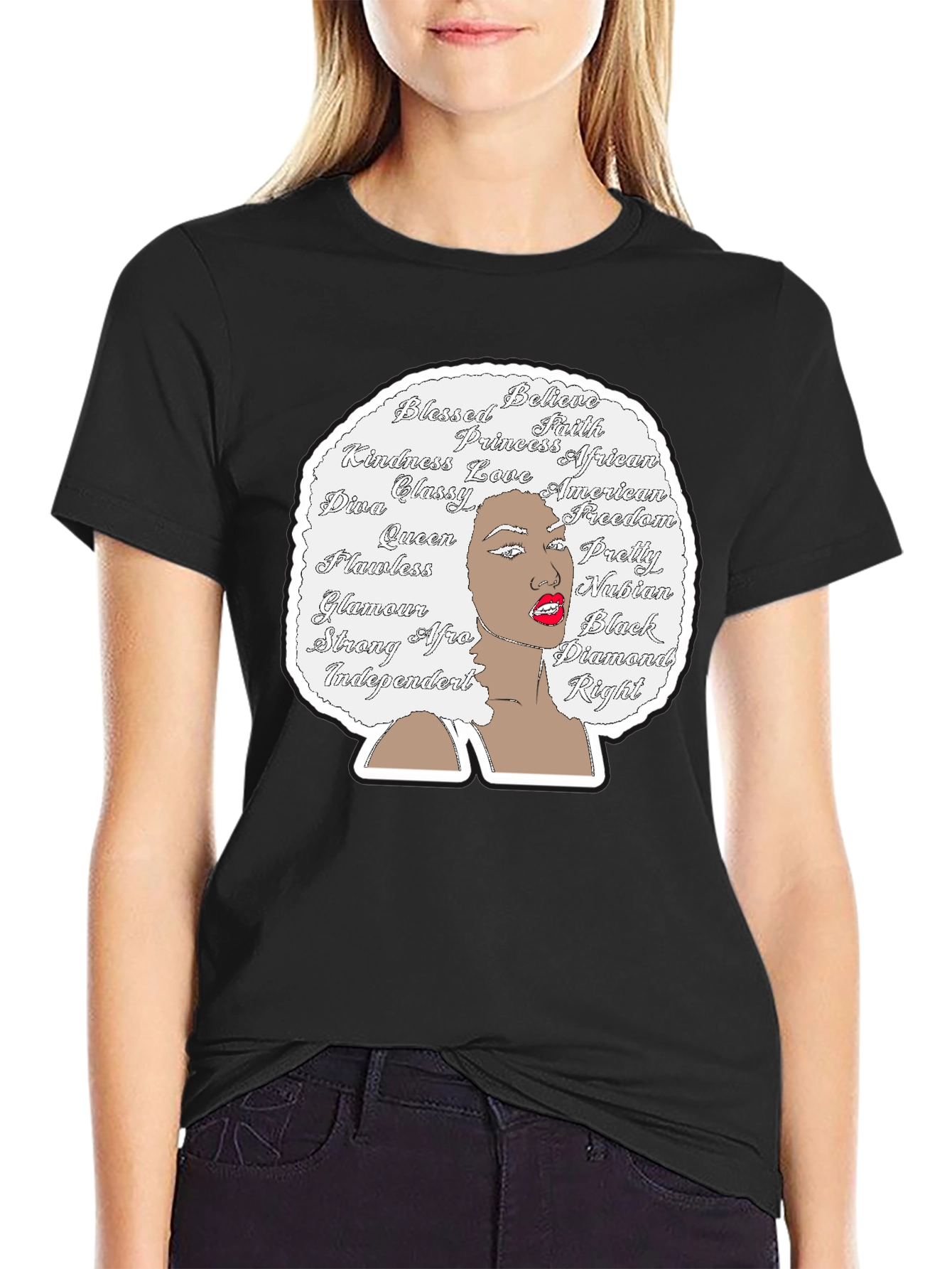 Afro Woman Word Art Graphic Tee - Black