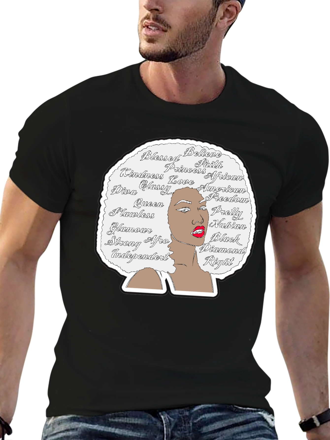 Afro Woman Word Art Graphic Tee - Black