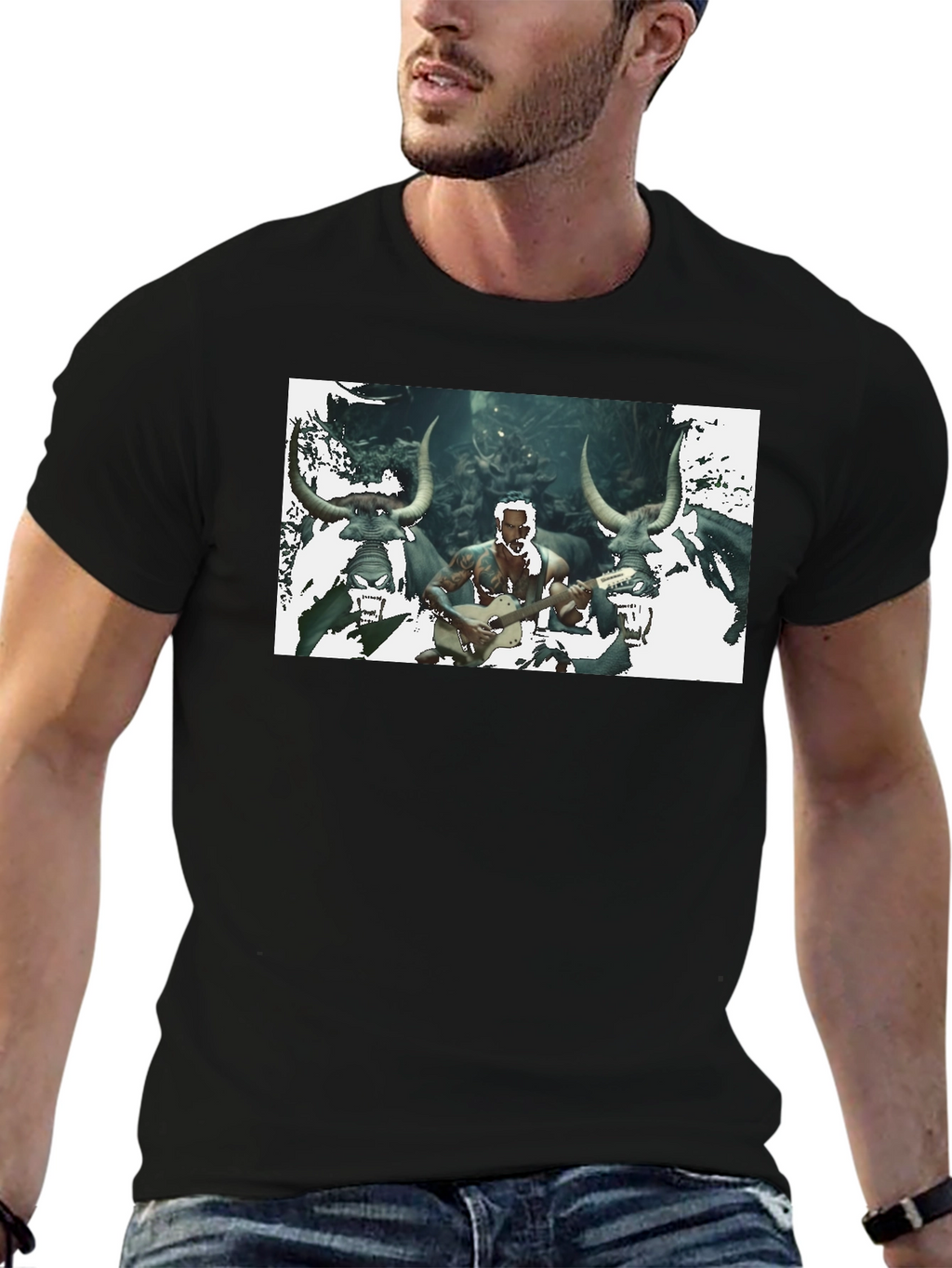 Mens Black T-Shirt with Unique Graphic Design