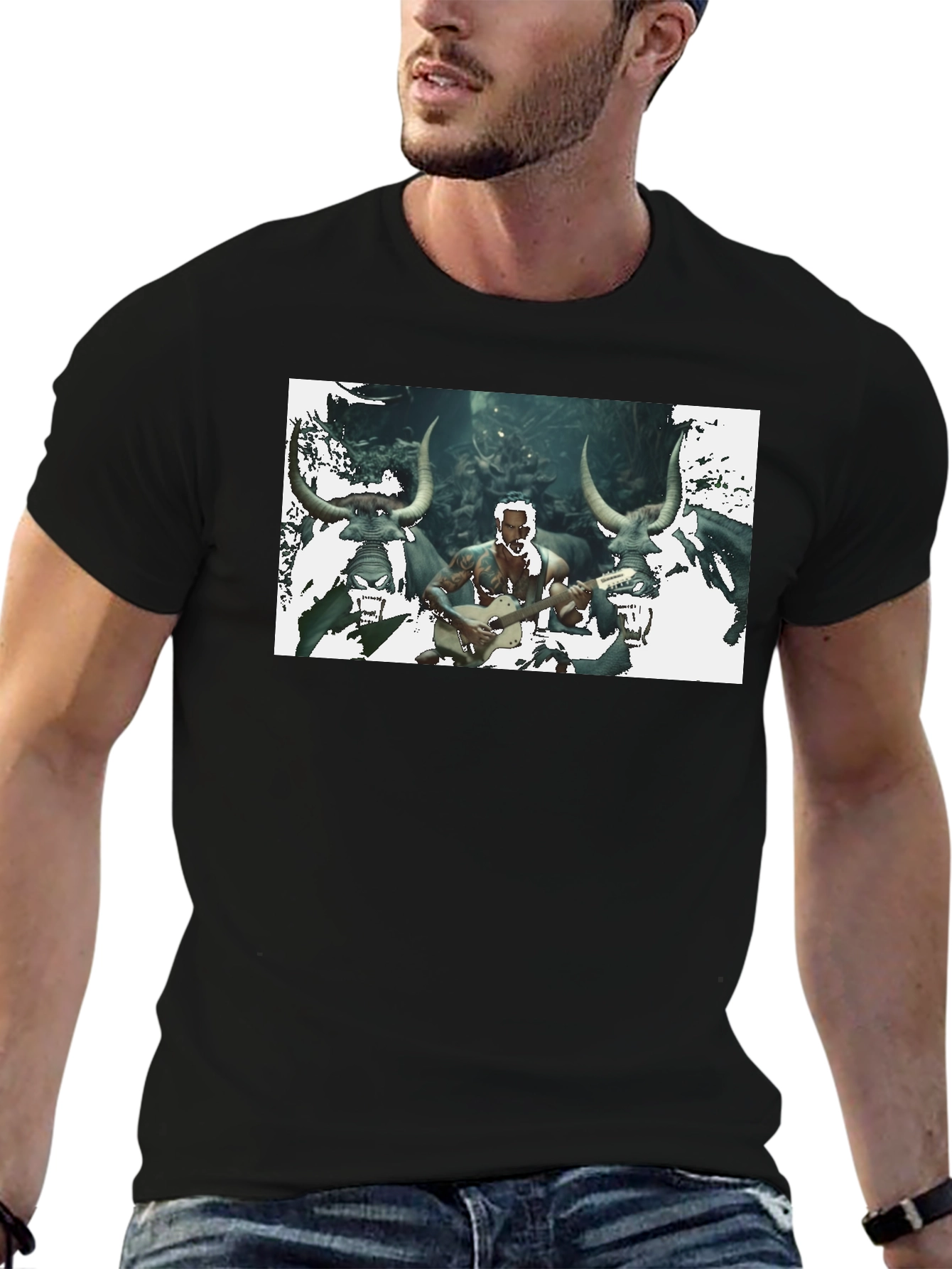 Mens Black T-Shirt with Unique Graphic Design