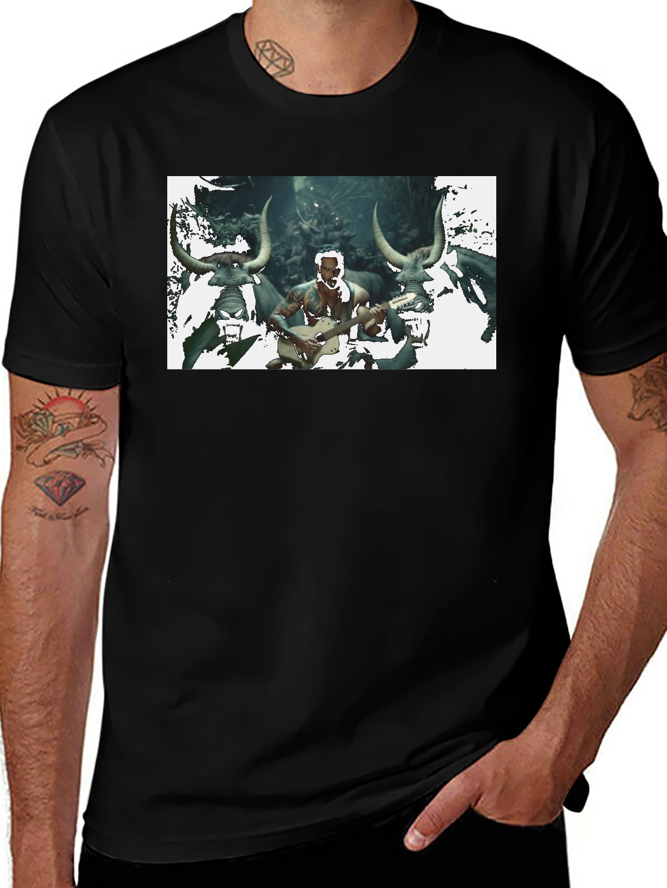Mens Black T-Shirt with Unique Graphic Design