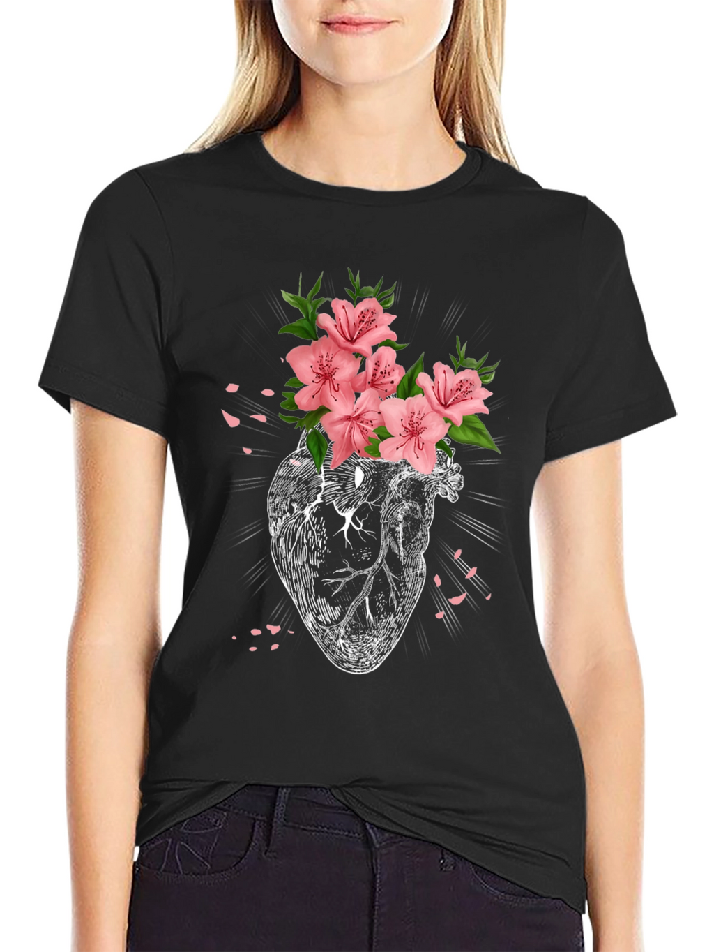 Floral Heart Graphic T-Shirt - Black