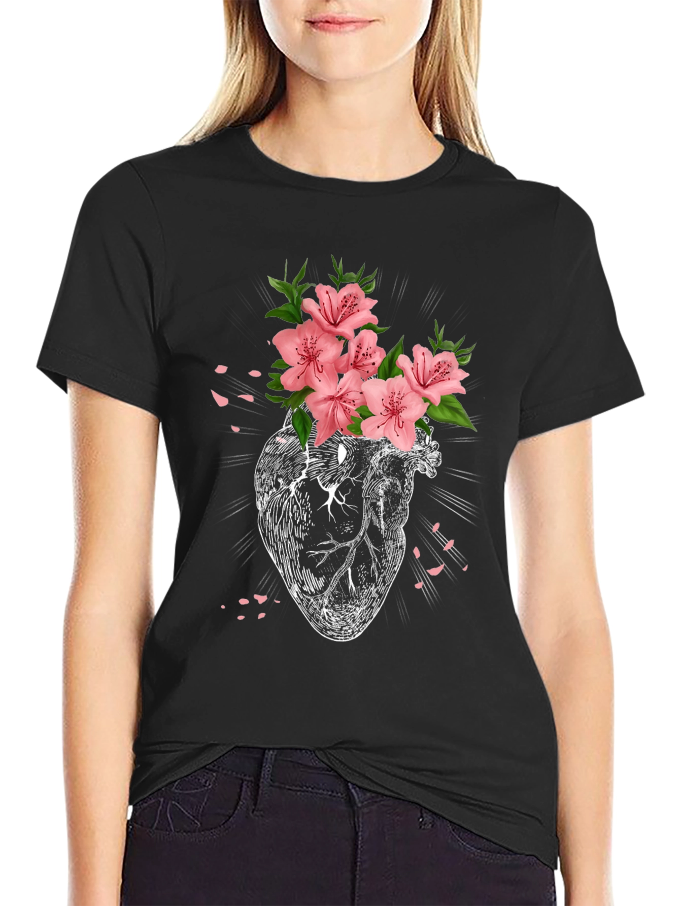 Floral Heart Graphic T-Shirt - Black