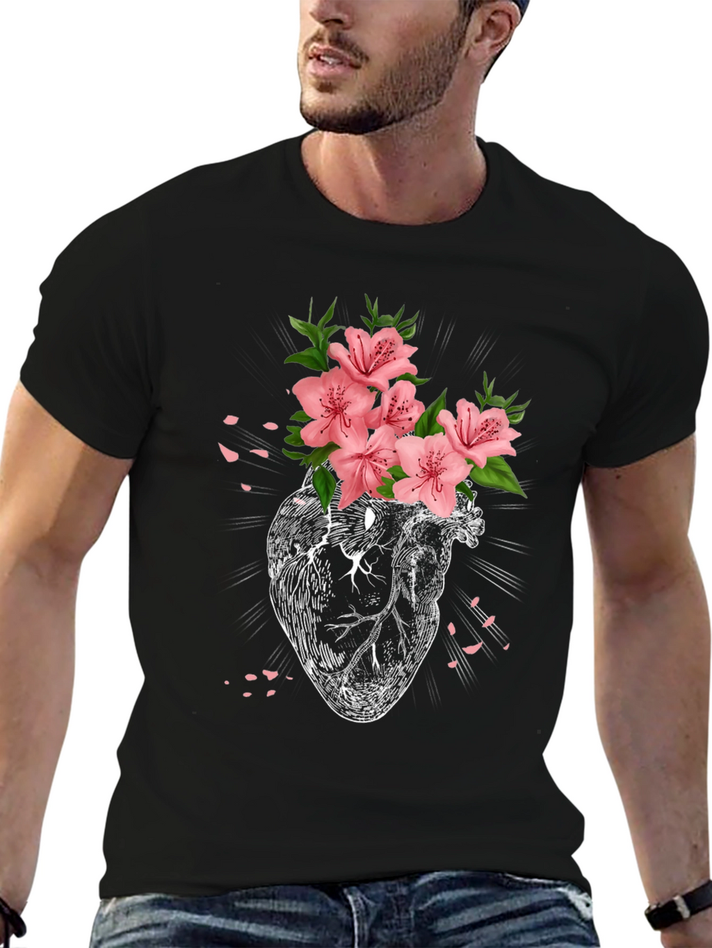Floral Heart Graphic T-Shirt - Black