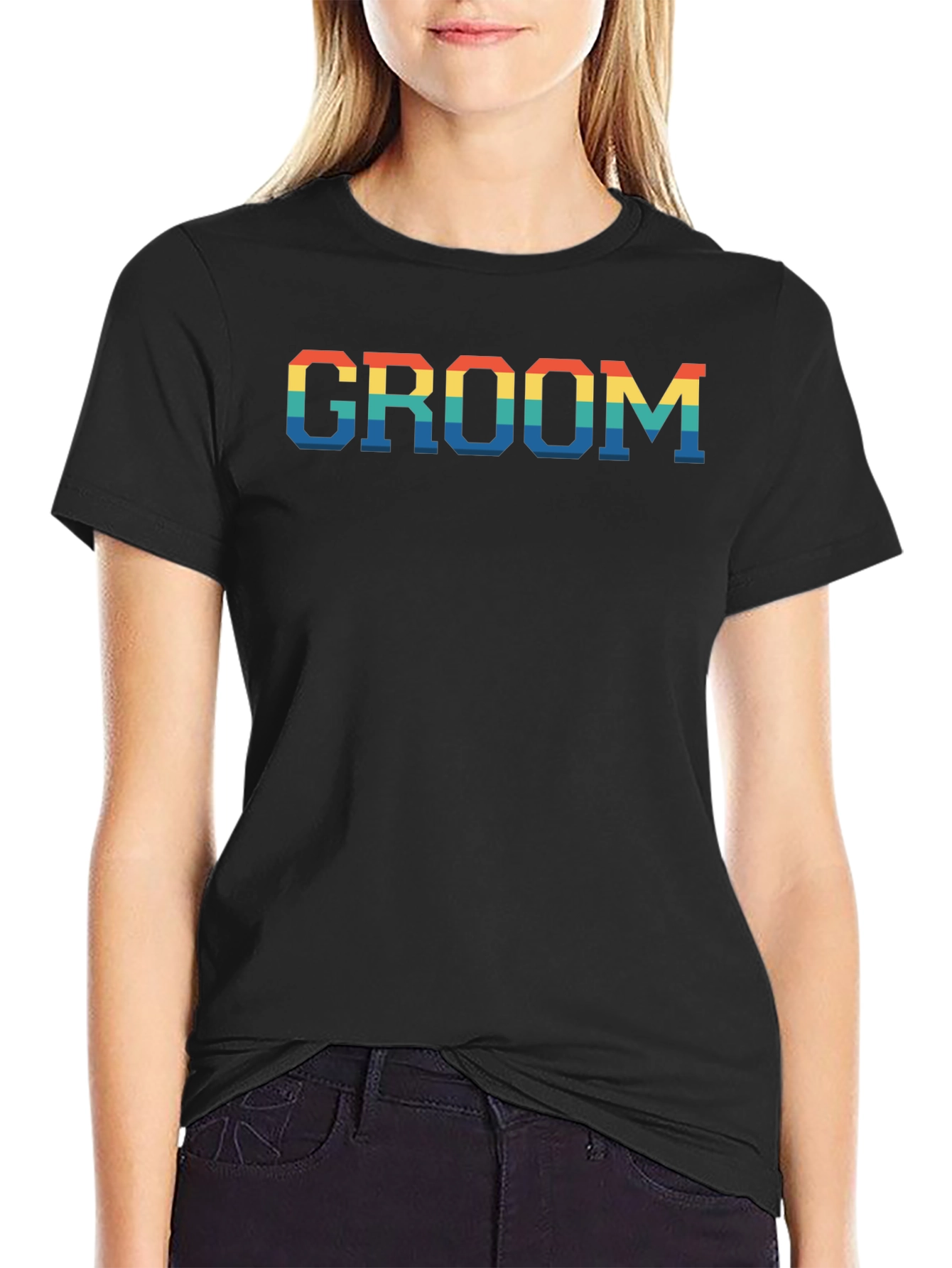 Groom Rainbow Text Print Black T-Shirt
