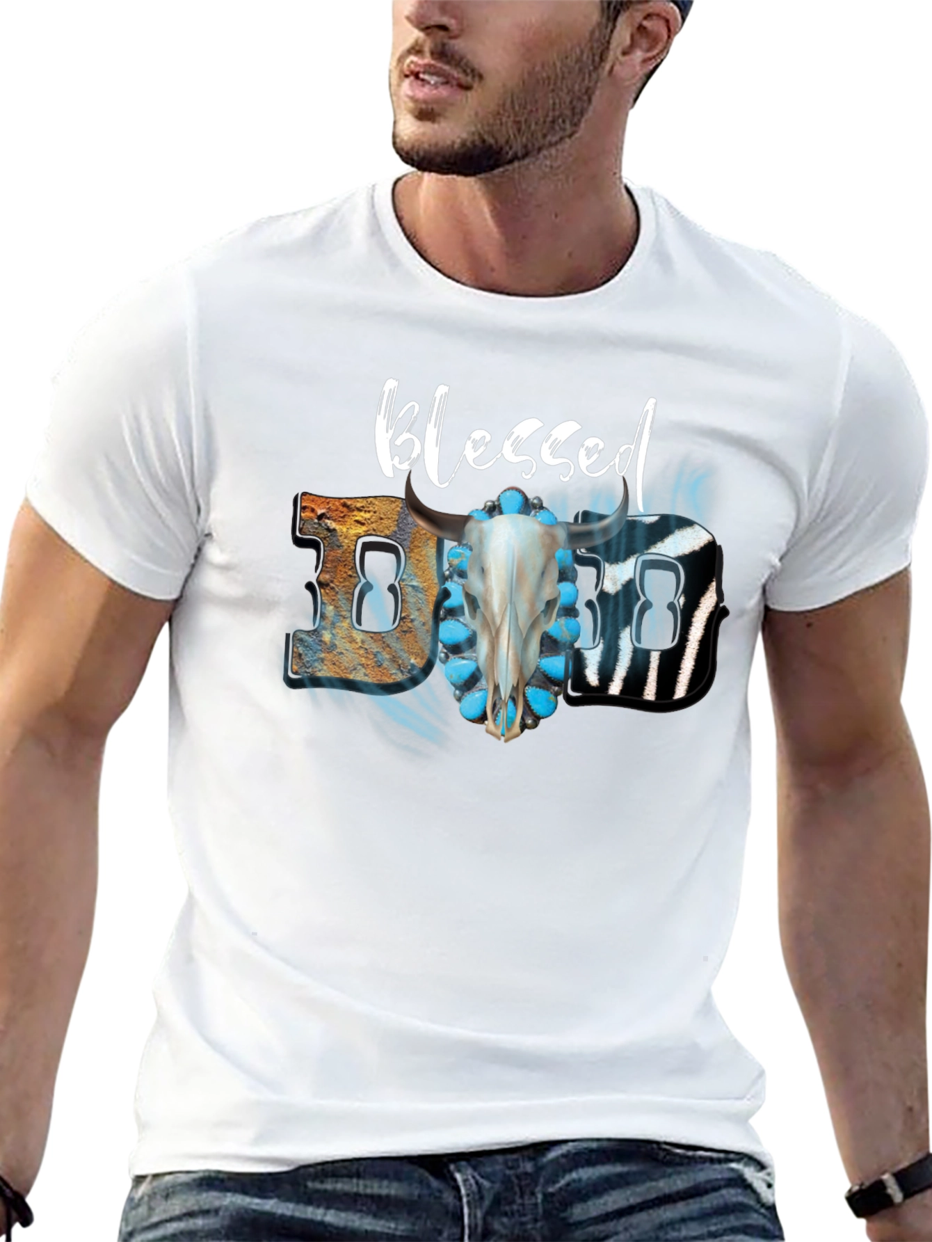 Blessed Graphic Tee - Turquoise & Skull Design