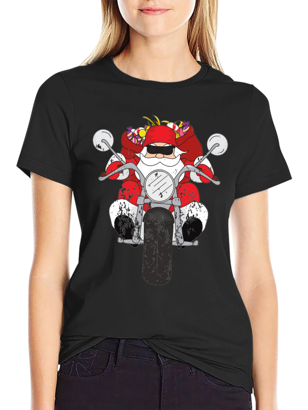 Santa on Motorcycle Graphic T-Shirt - Black