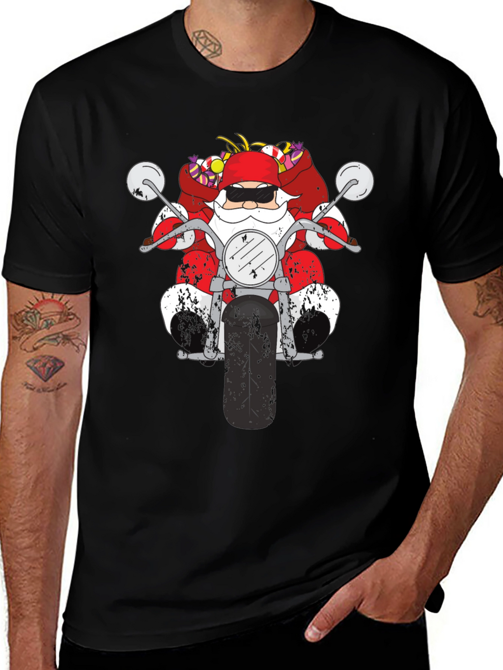 Santa on Motorcycle Graphic T-Shirt - Black
