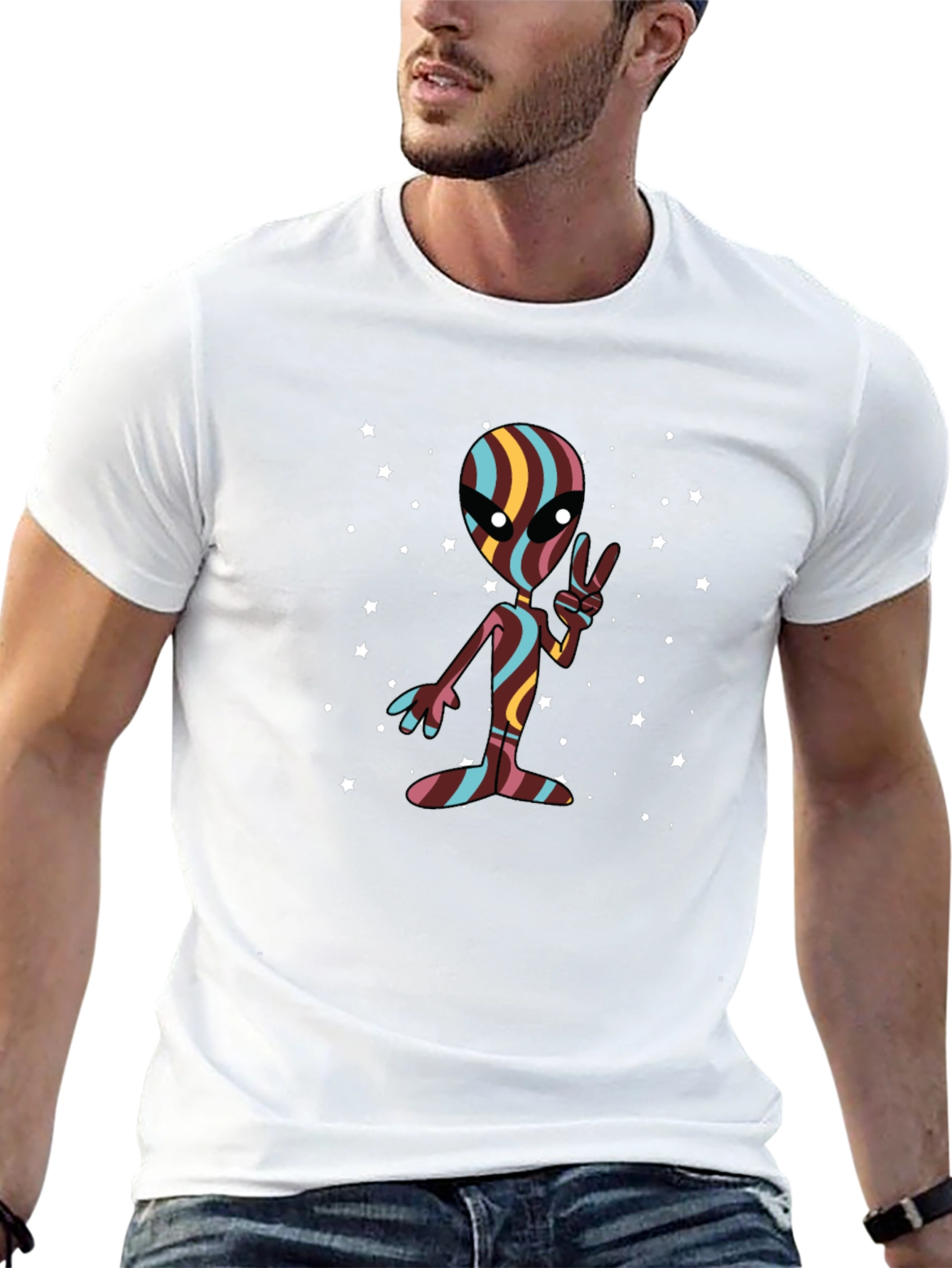 Retro Alien Peace Sign Black T-Shirt