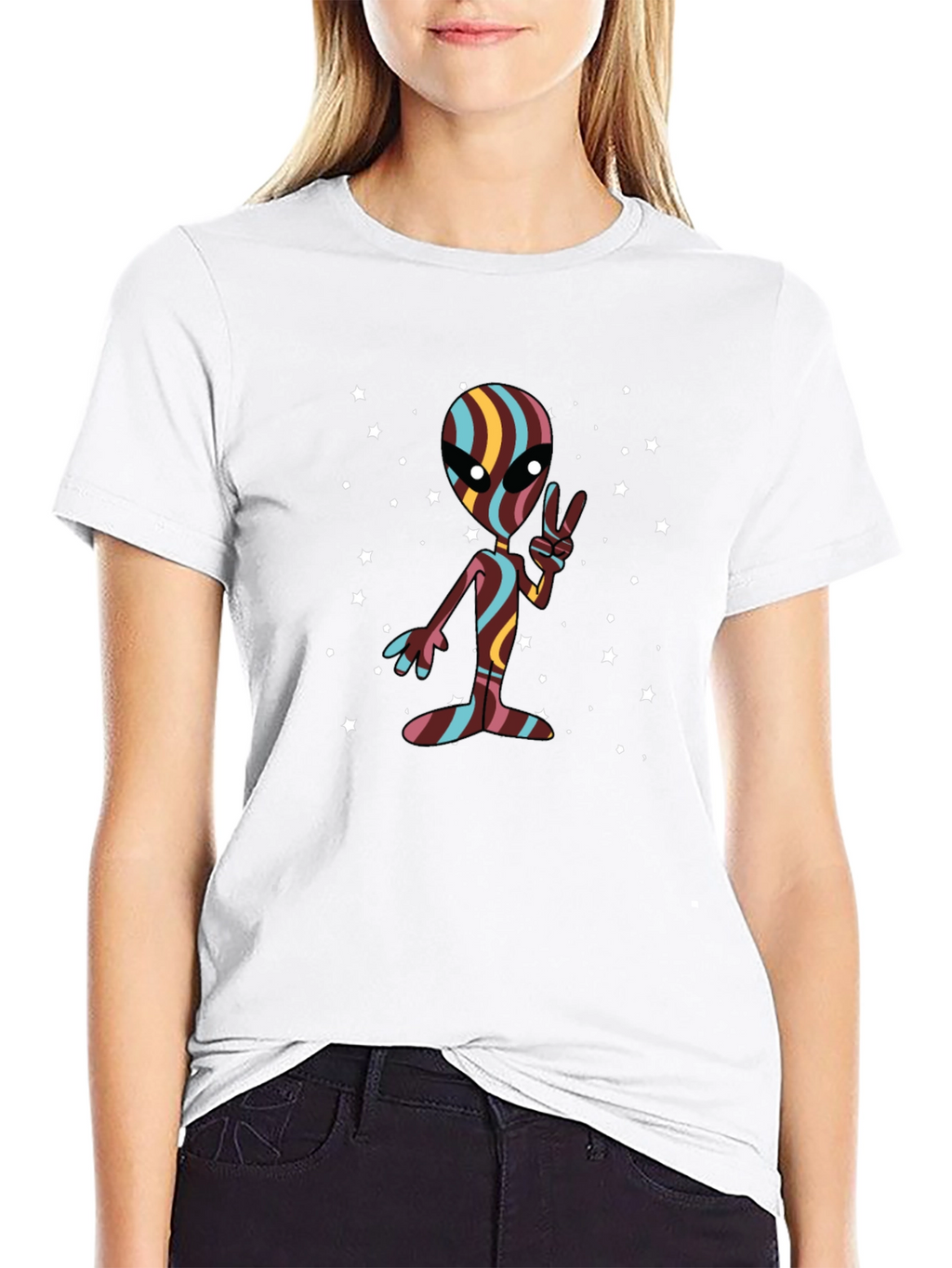 Retro Alien Peace Sign Black T-Shirt