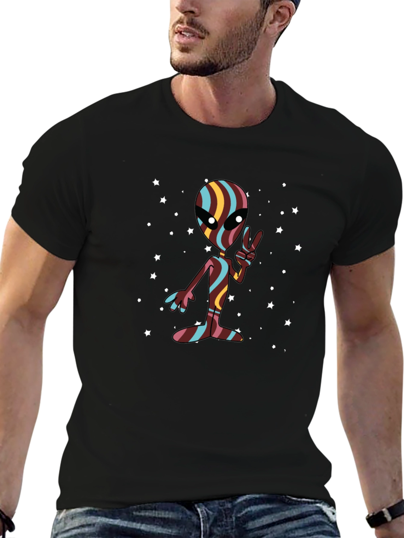 Retro Alien Peace Sign Black T-Shirt