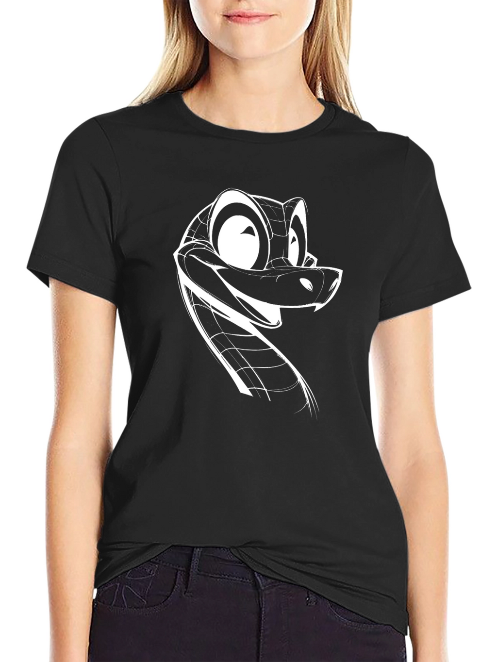 Cartoon Snake Graphic Tee - Black Cotton Blend