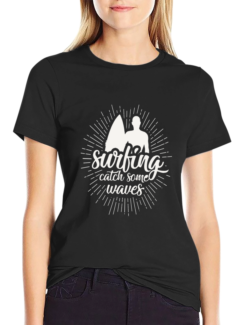 Surfing Catch Waves Black T-Shirt